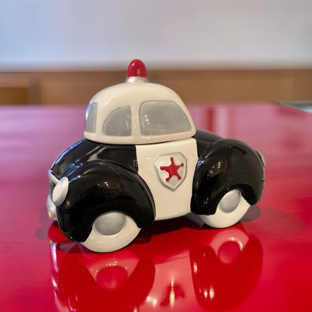 Vintage Ceramic Police Car Cookie Jar Black White Cop Car Treat Jar